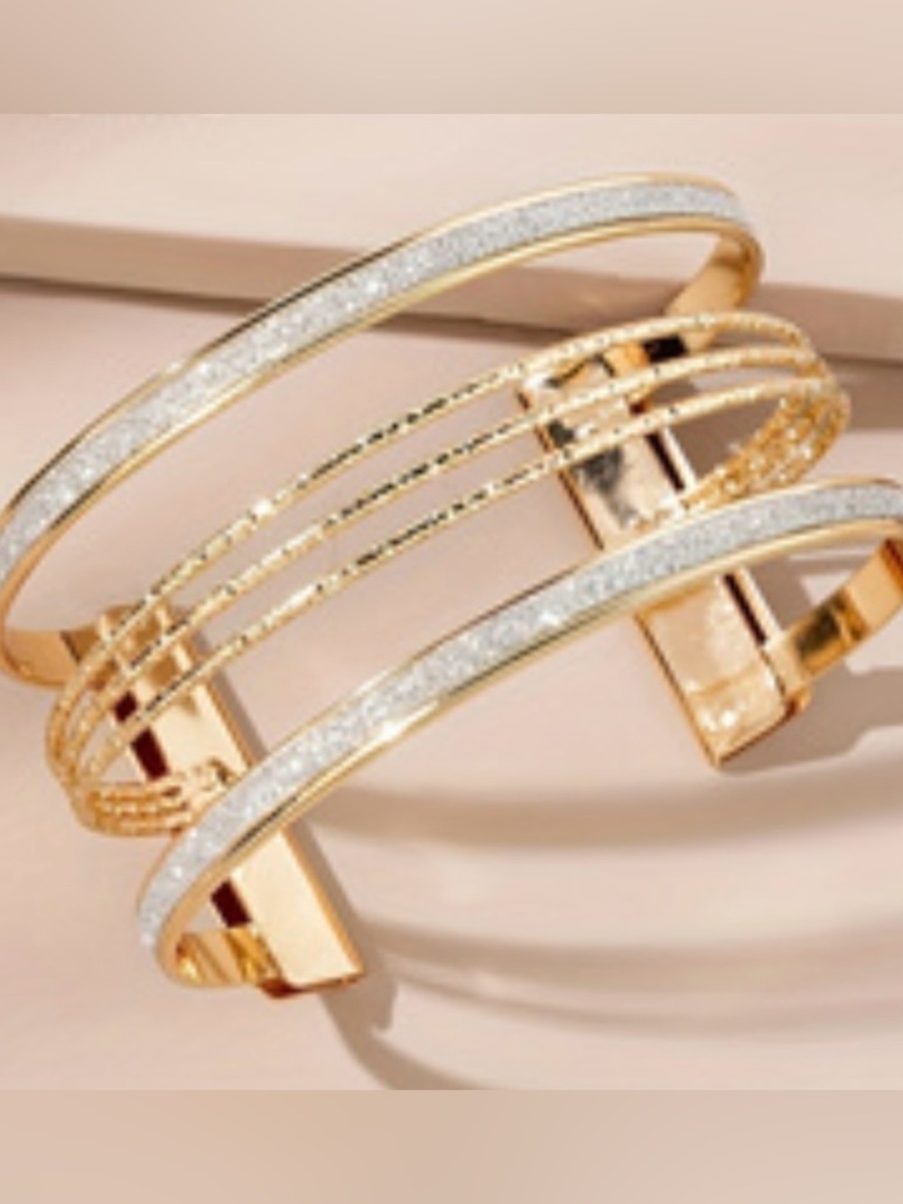Gold and  sparkly white  vintage open adjustable Cuff Bracelet - Picture 2 of 8